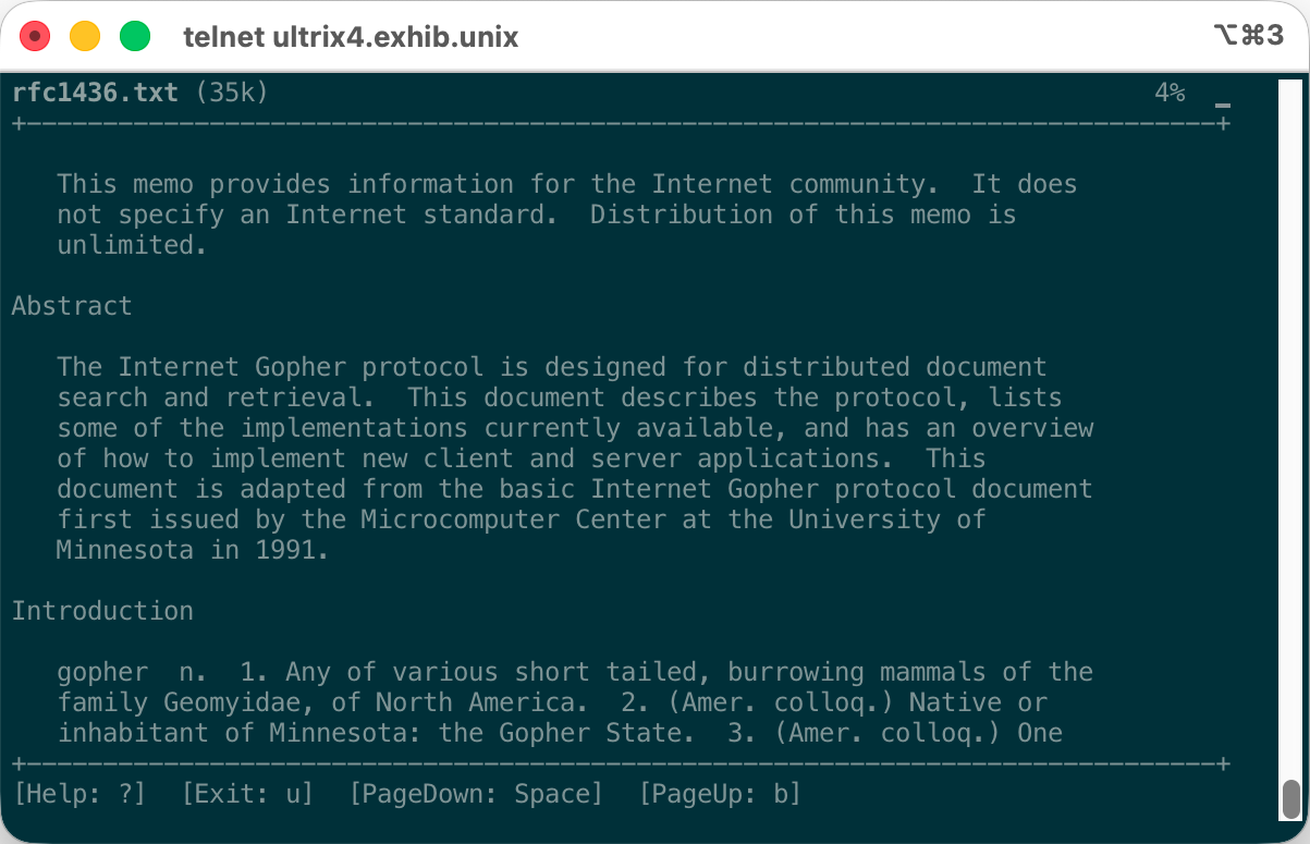 RFC 1436, The Internet Gopher Protocol, displayed in a Gopher client