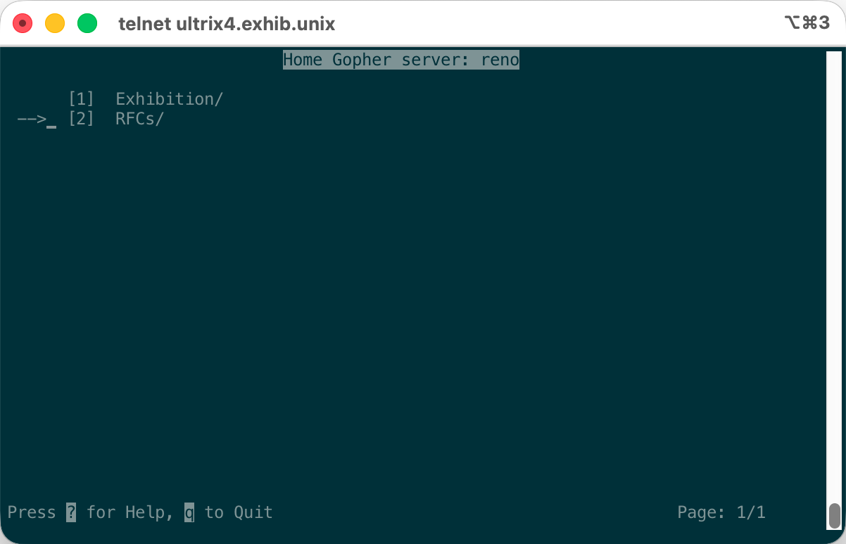 Gopher client showing the Exhibition and RFCs directories on the reno server