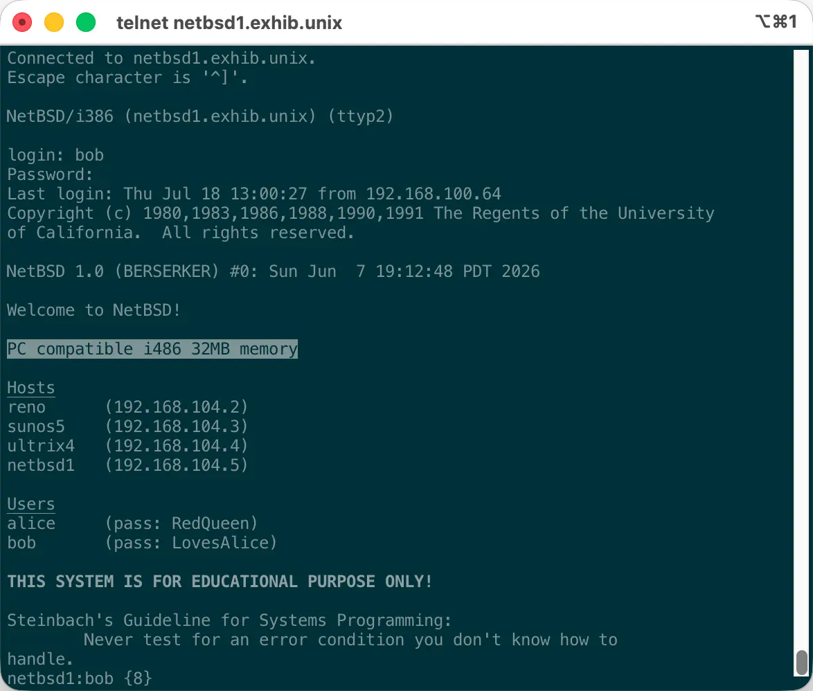 Terminal session showing the NetBSD 1.0 shell immediately after login