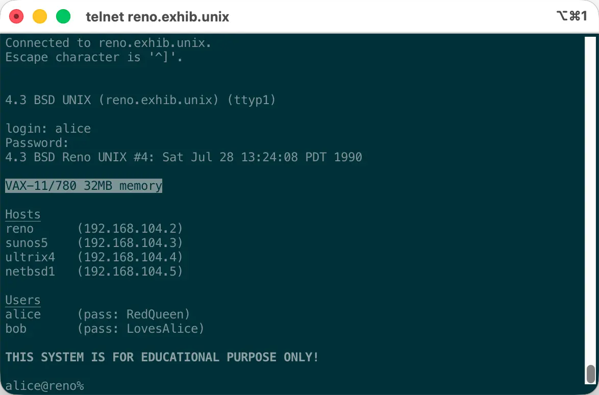 Terminal session showing the 4.3BSD-Reno shell immediately after login