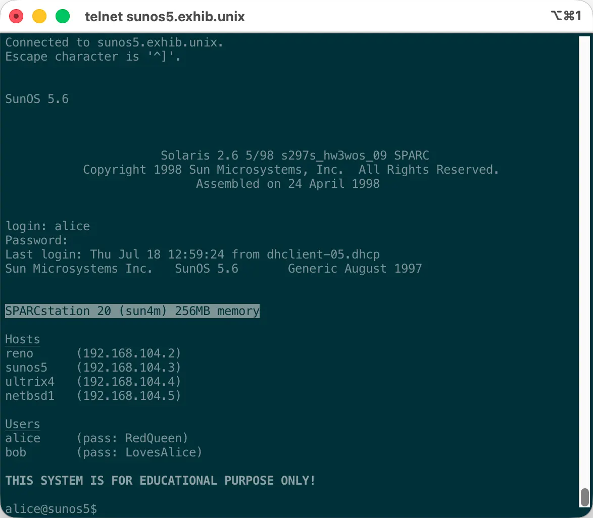 Terminal session showing the SunOS 5.6 shell immediately after login