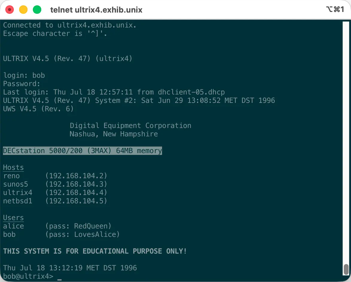 Terminal session showing the Ultrix 4.5 shell immediately after login